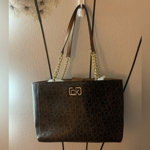 Calvin Klein Brown Gold Signature Leather Tote EUC